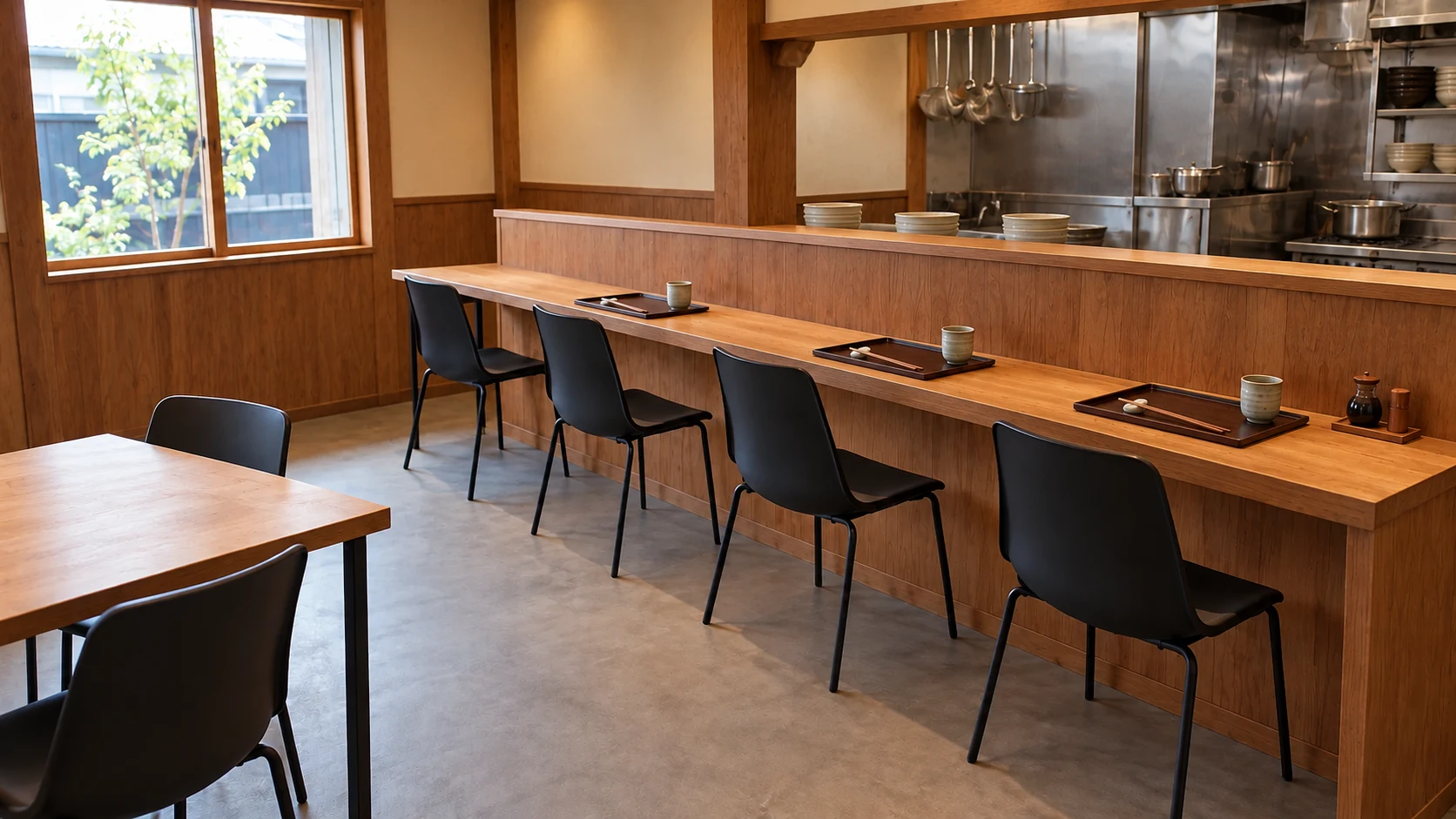 木のカウンターと黒い椅子が並ぶ明るい店内